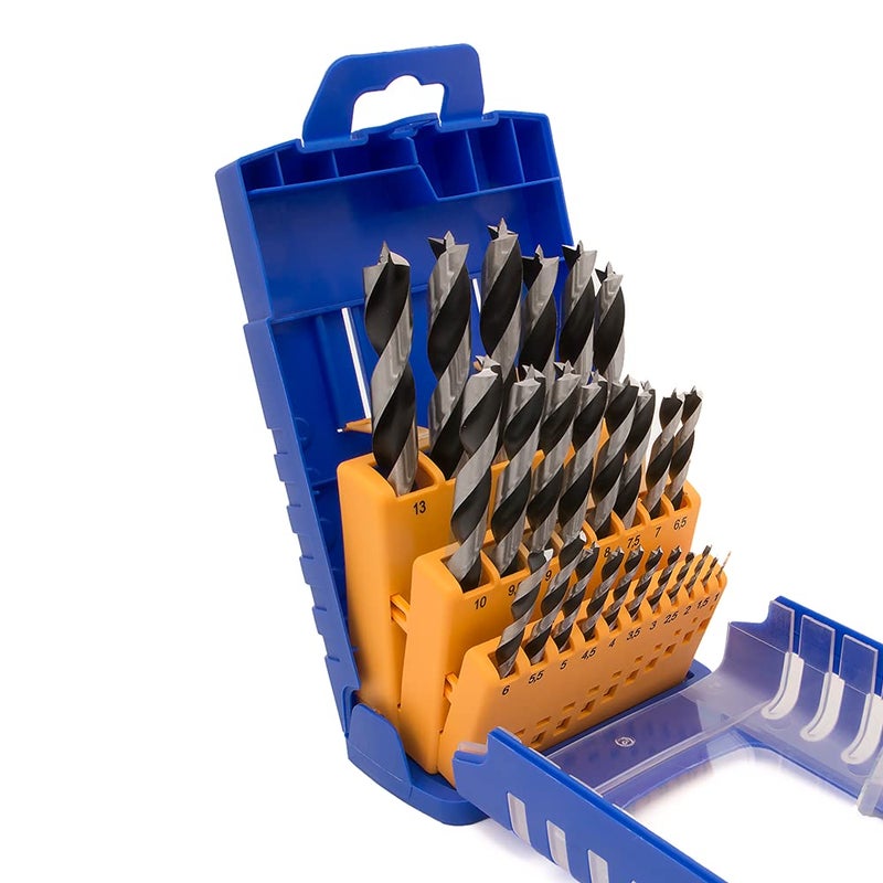 Fisch Brad Point Drill Bit Set, 25-Piece Chrome Vanadium Wood Drill Bits, Sizes from 1mm - 13mm" FSF-364740 - Image 1